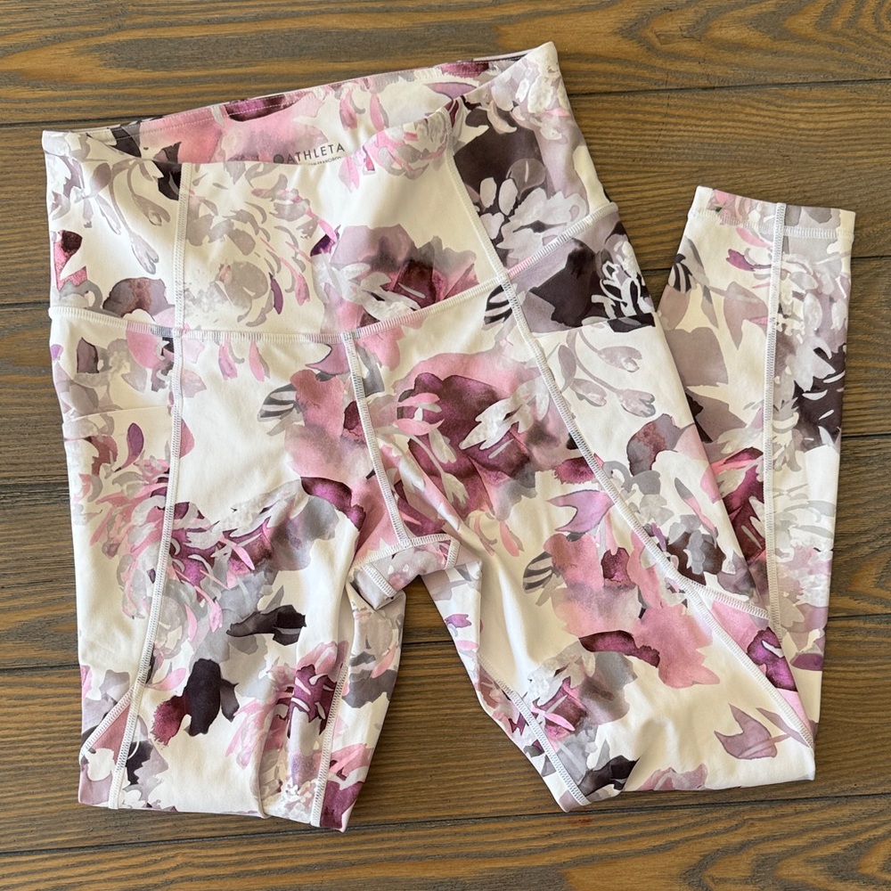 Athleta 7/8 Floral Leggings - White and Pink